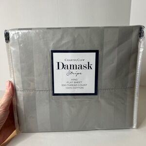 Charter Club Damask Stripe King Size Flat Sheet 550 Count 100% Cotton NIP Gray